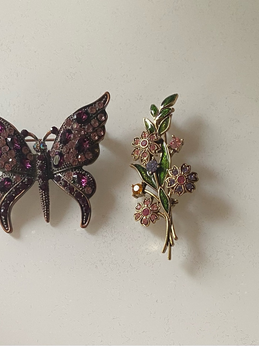 Floral Branch and Purple Crystal Butterfly Brooch Set